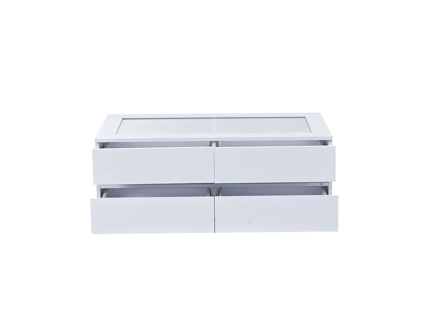 Mesa de centro con 4 cajones, iluminación LED y tablero de cristal templado (blanca).