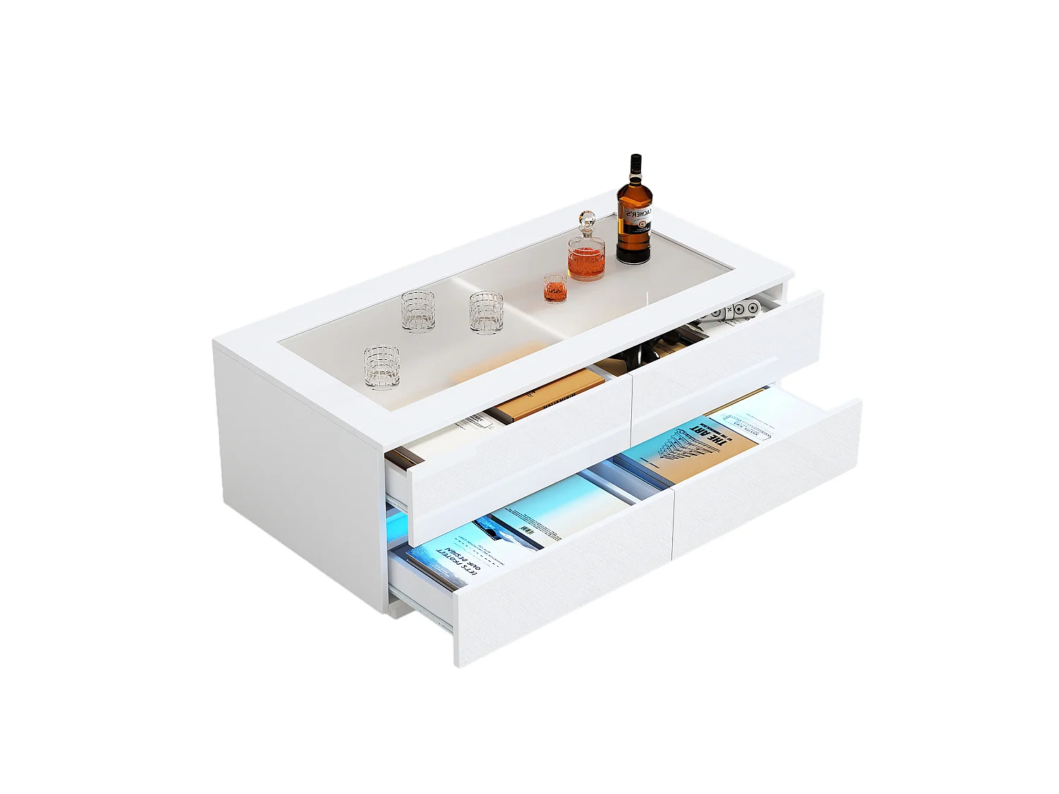 Mesa de centro con 4 cajones, iluminación LED y tablero de cristal templado (blanca).