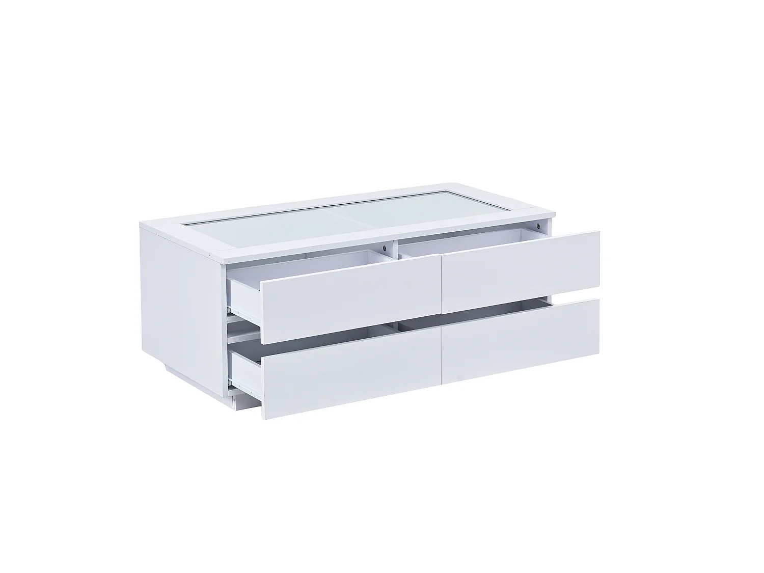 Mesa de centro con 4 cajones, iluminación LED y tablero de cristal templado (blanca).