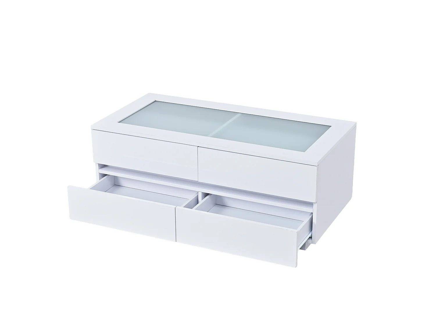Mesa de centro con 4 cajones, iluminación LED y tablero de cristal templado (blanca).