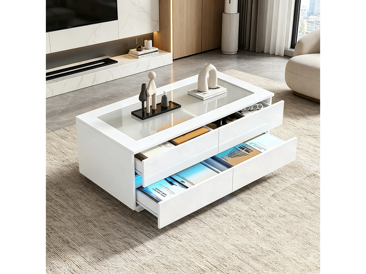 Mesa de centro con 4 cajones, iluminación LED y tablero de cristal templado (blanca).