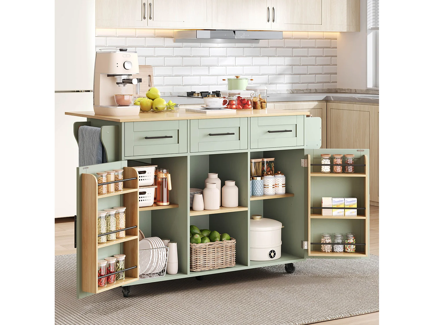 Îlot de cuisine 139 x 46(71) cm sur roulettes avec 2 portes et 3 tiroirs - Vert