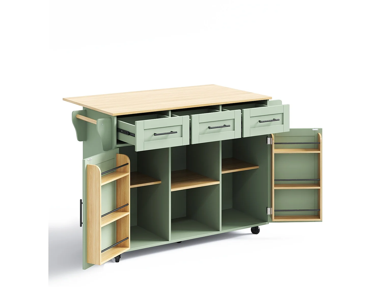 Îlot de cuisine 139 x 46(71) cm sur roulettes avec 2 portes et 3 tiroirs - Vert