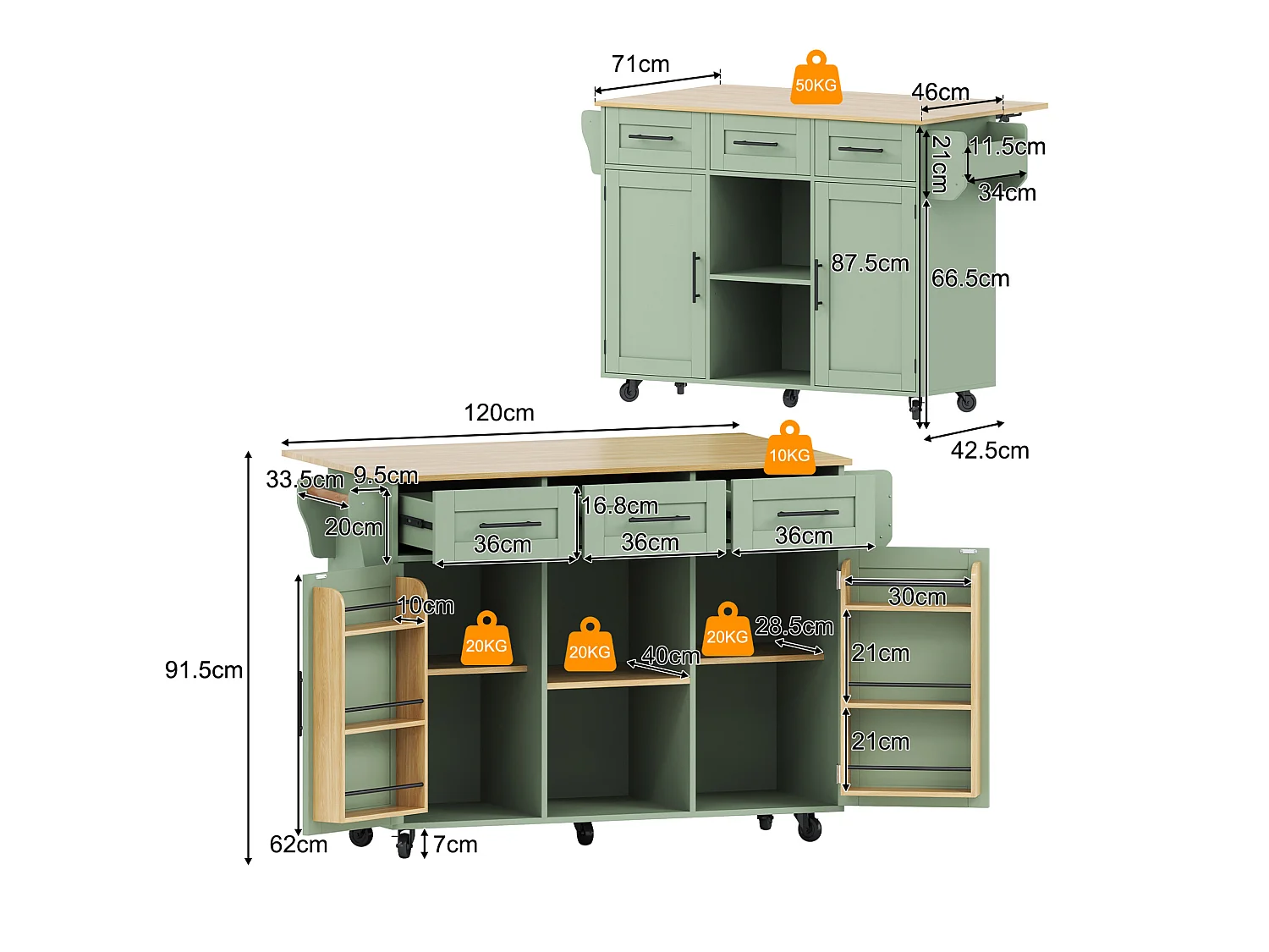 Îlot de cuisine 139 x 46(71) cm sur roulettes avec 2 portes et 3 tiroirs - Vert