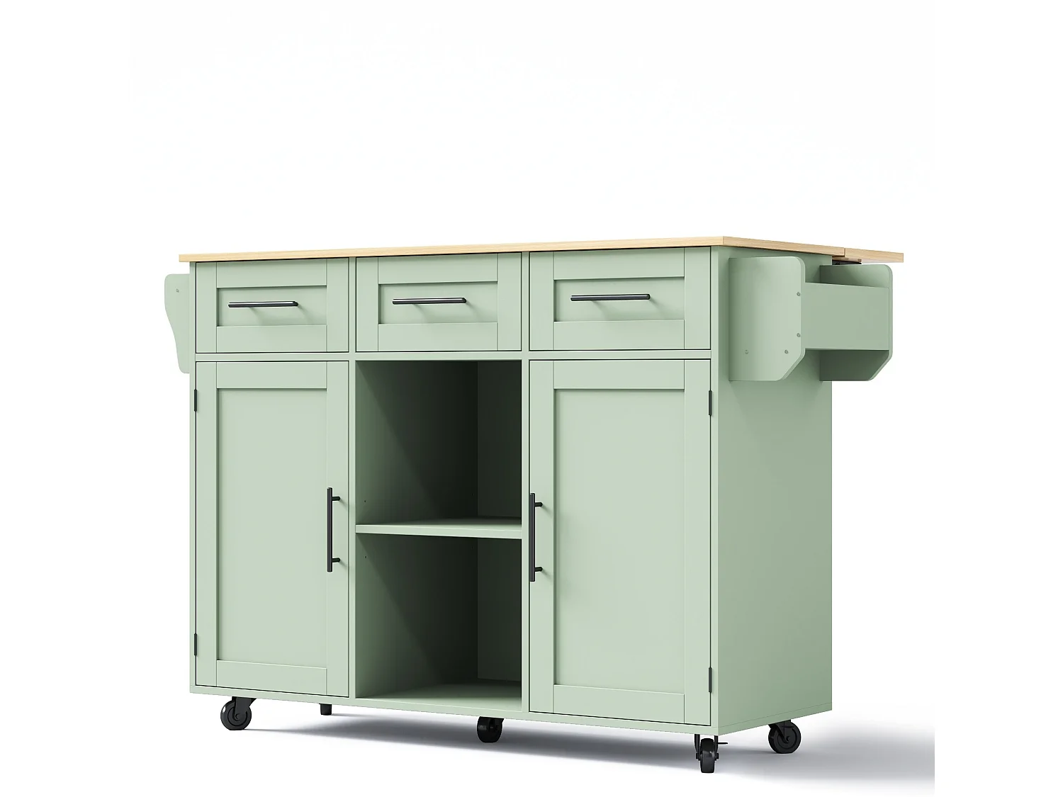 Îlot de cuisine 139 x 46(71) cm sur roulettes avec 2 portes et 3 tiroirs - Vert