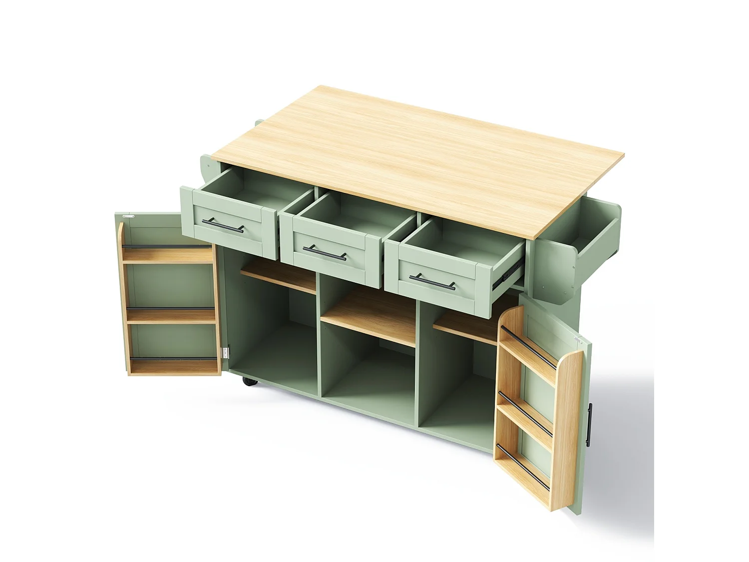 Îlot de cuisine 139 x 46(71) cm sur roulettes avec 2 portes et 3 tiroirs - Vert