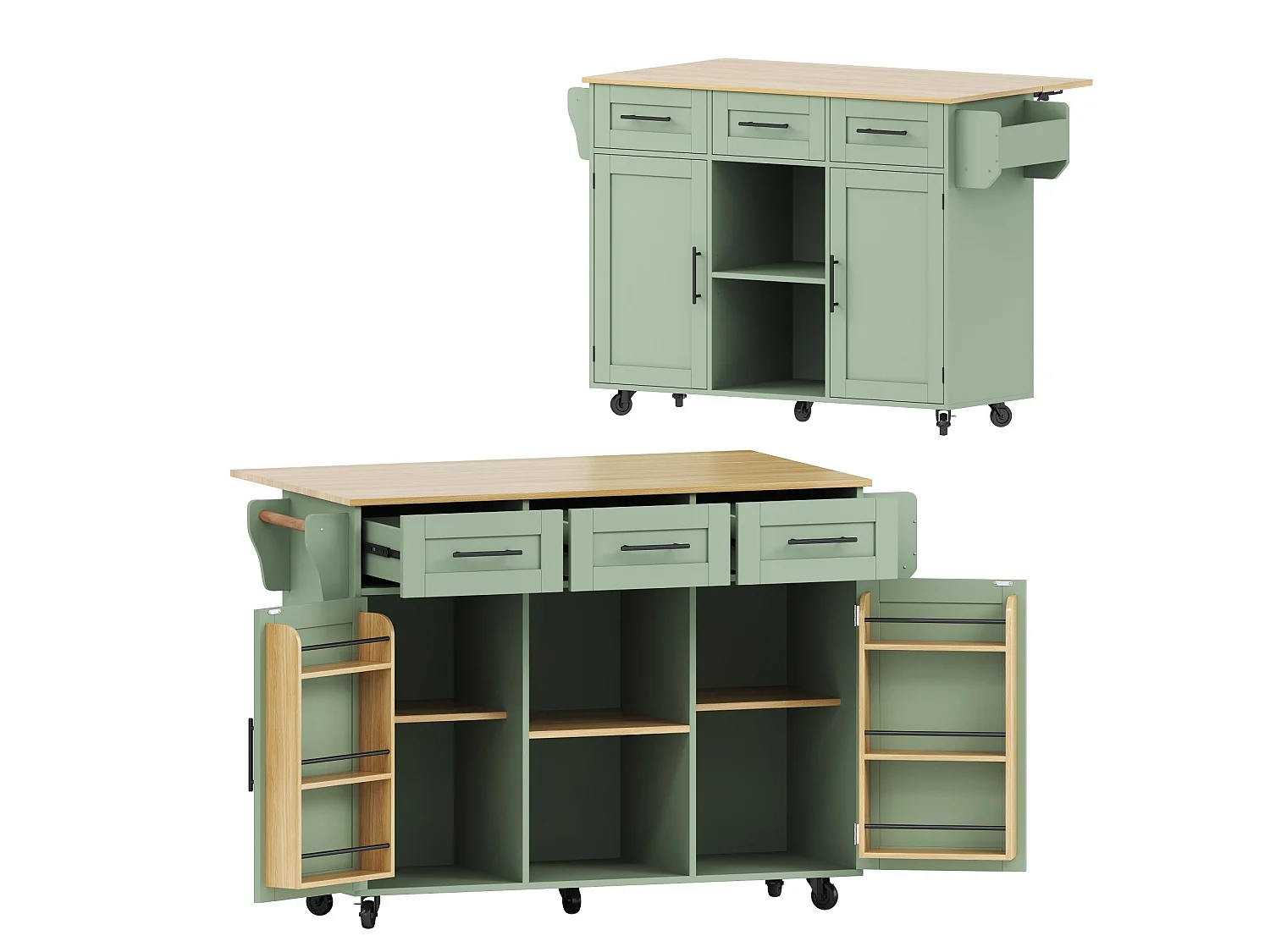Îlot de cuisine 139 x 46(71) cm sur roulettes avec 2 portes et 3 tiroirs - Vert