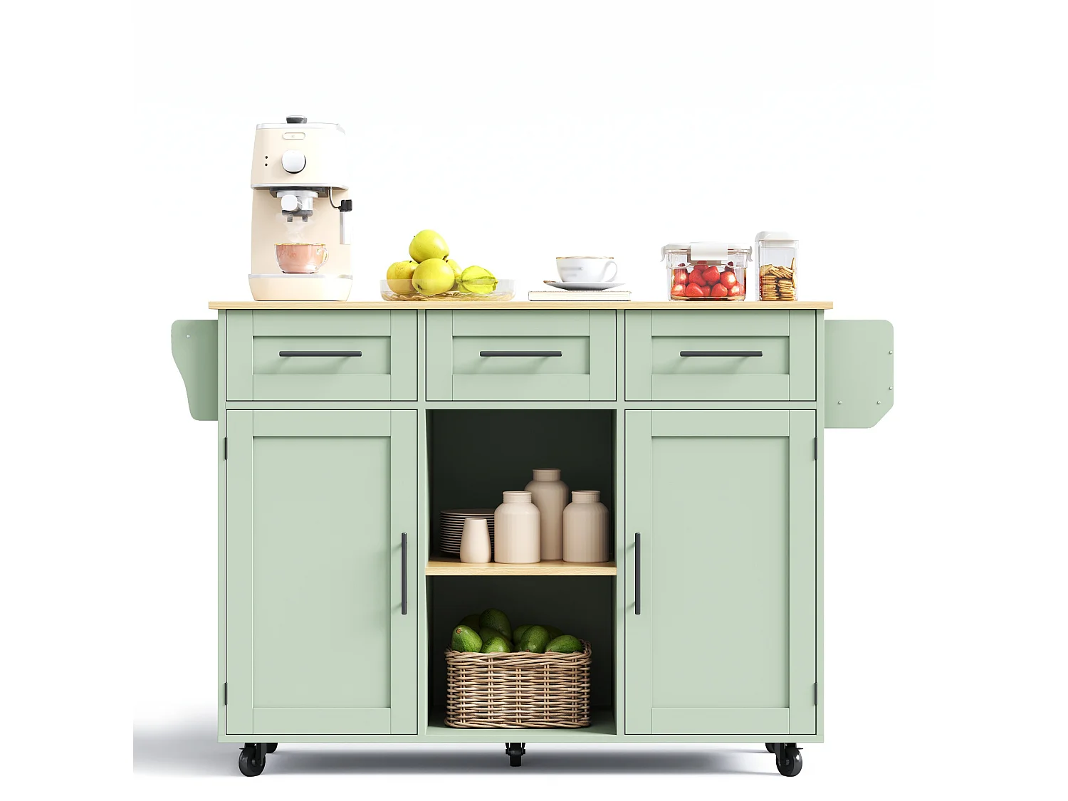 Îlot de cuisine 139 x 46(71) cm sur roulettes avec 2 portes et 3 tiroirs - Vert