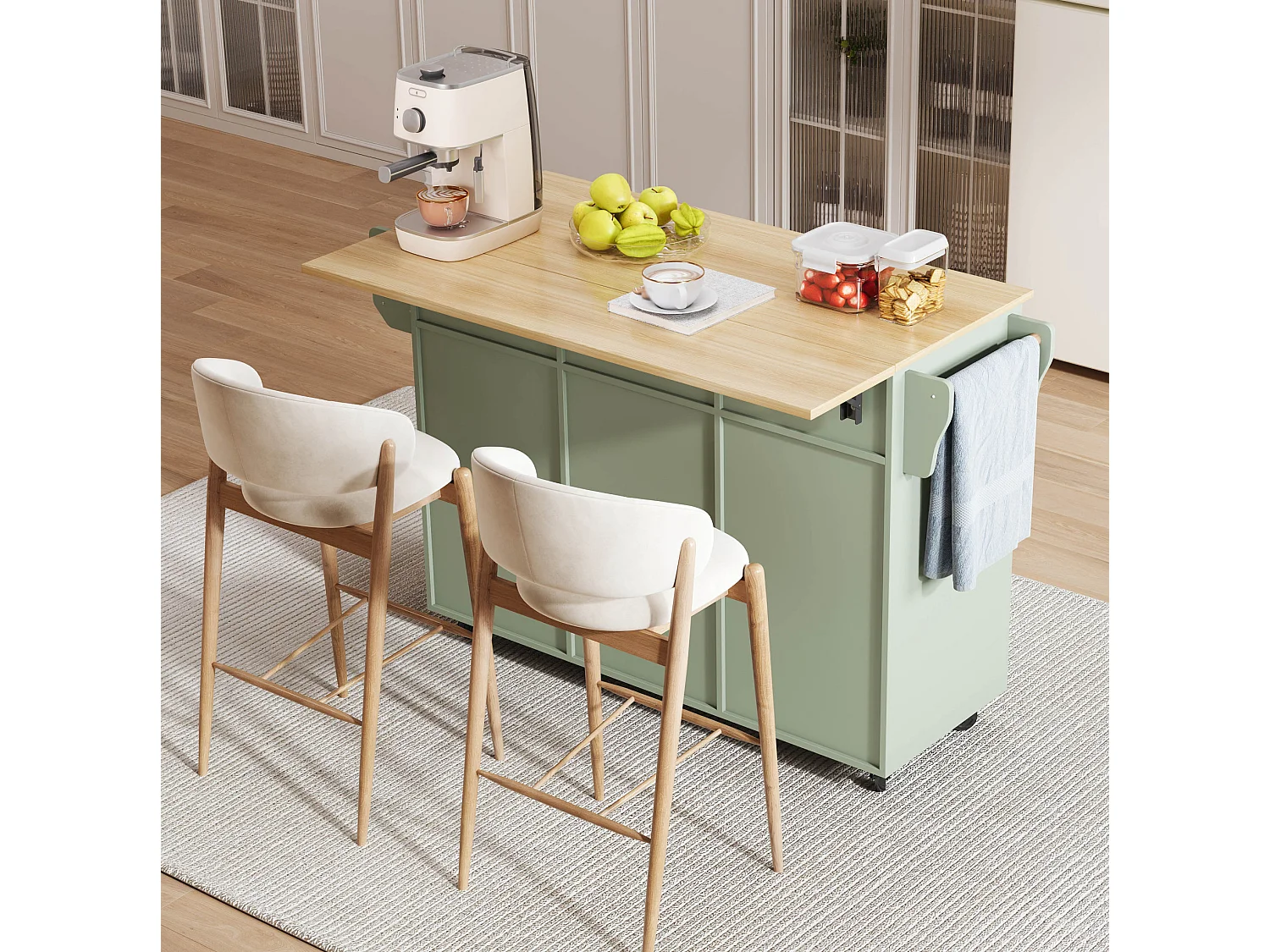 Îlot de cuisine 139 x 46(71) cm sur roulettes avec 2 portes et 3 tiroirs - Vert