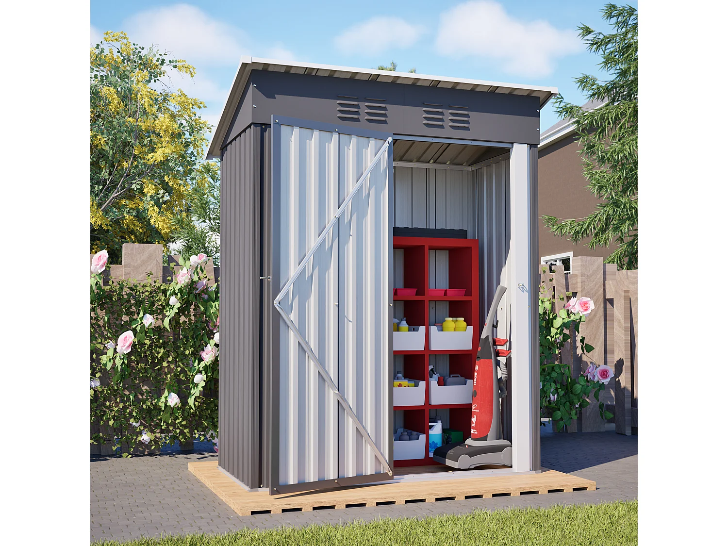 1,27 m² Metalen tuinschuur met plat dak en afsluitbare metalen deur - Grijs