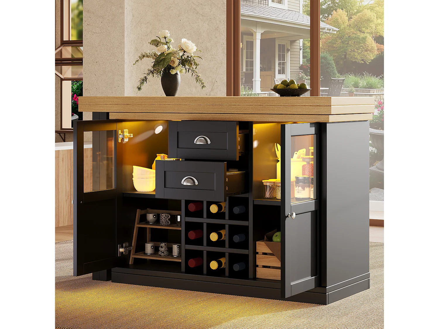 Bar com tampo giratório, garrafeira, 2 gavetas e 2 portas - Preto