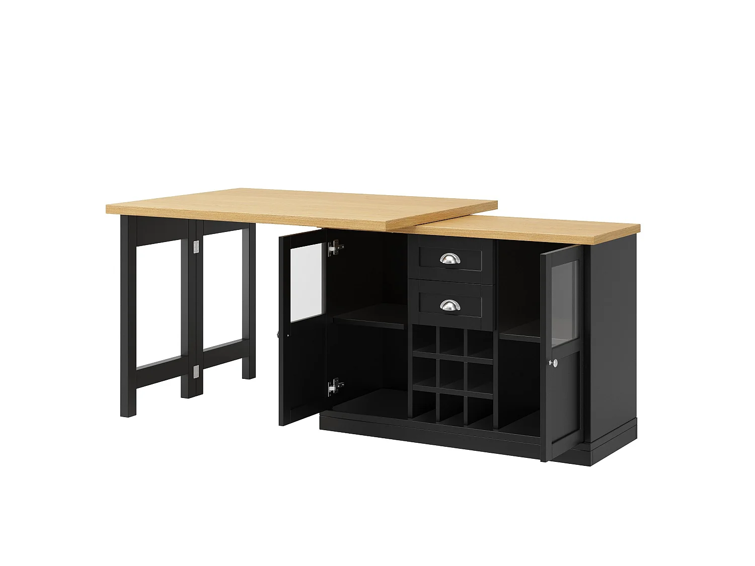 Bar com tampo giratório, garrafeira, 2 gavetas e 2 portas - Preto