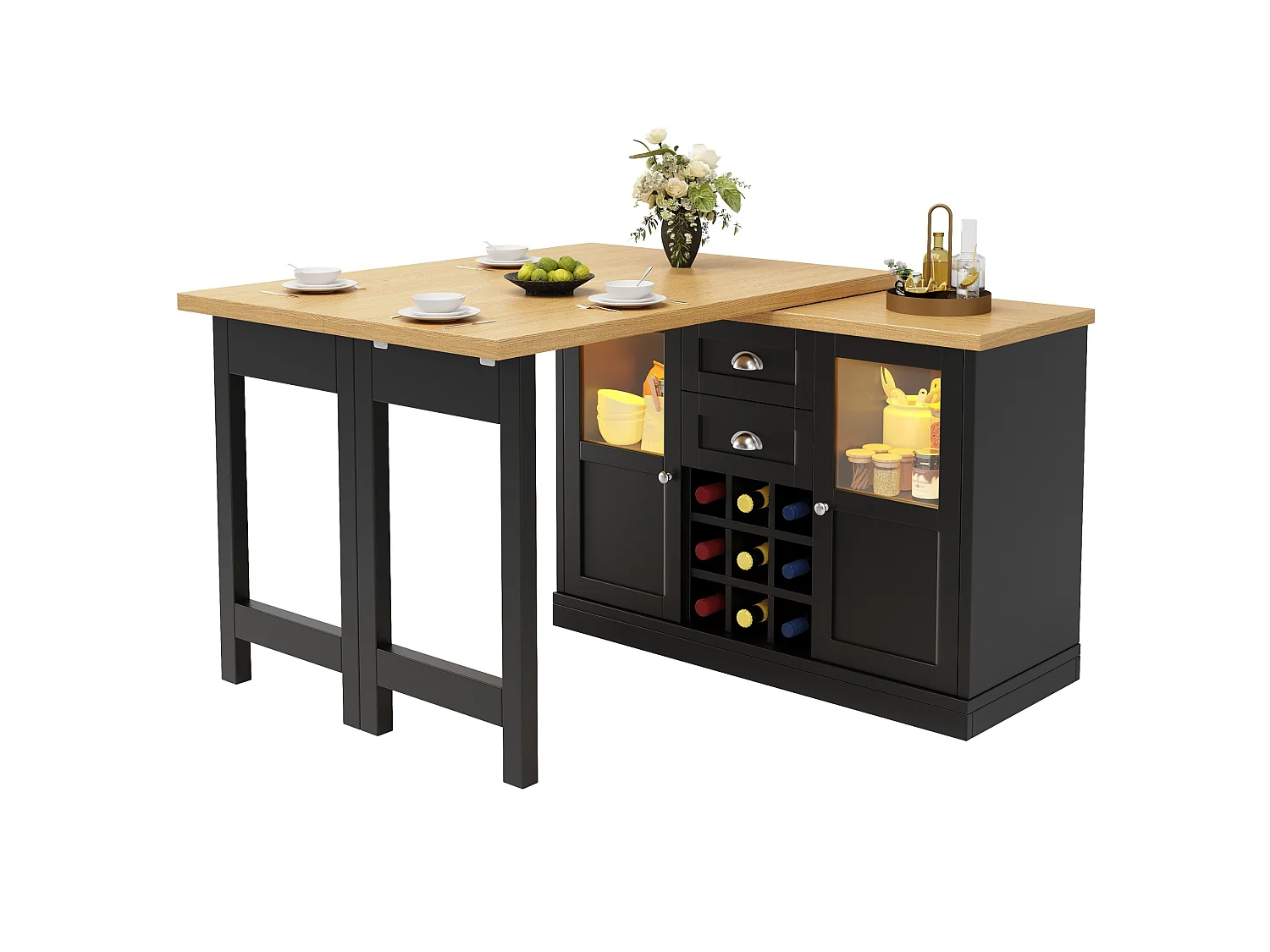 Bar com tampo giratório, garrafeira, 2 gavetas e 2 portas - Preto