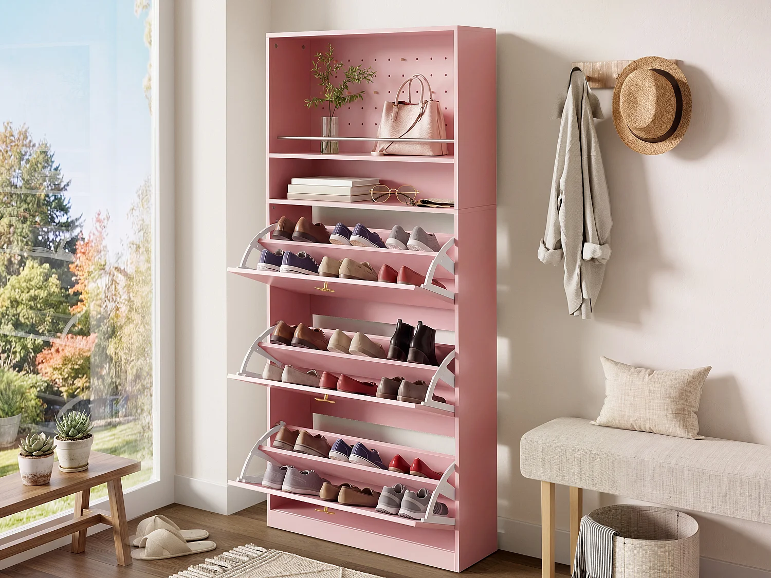 Meuble à chaussures moderne 80x24x178.5cm - avec 3 portes abattantes - étagères ouvertes - Rose
