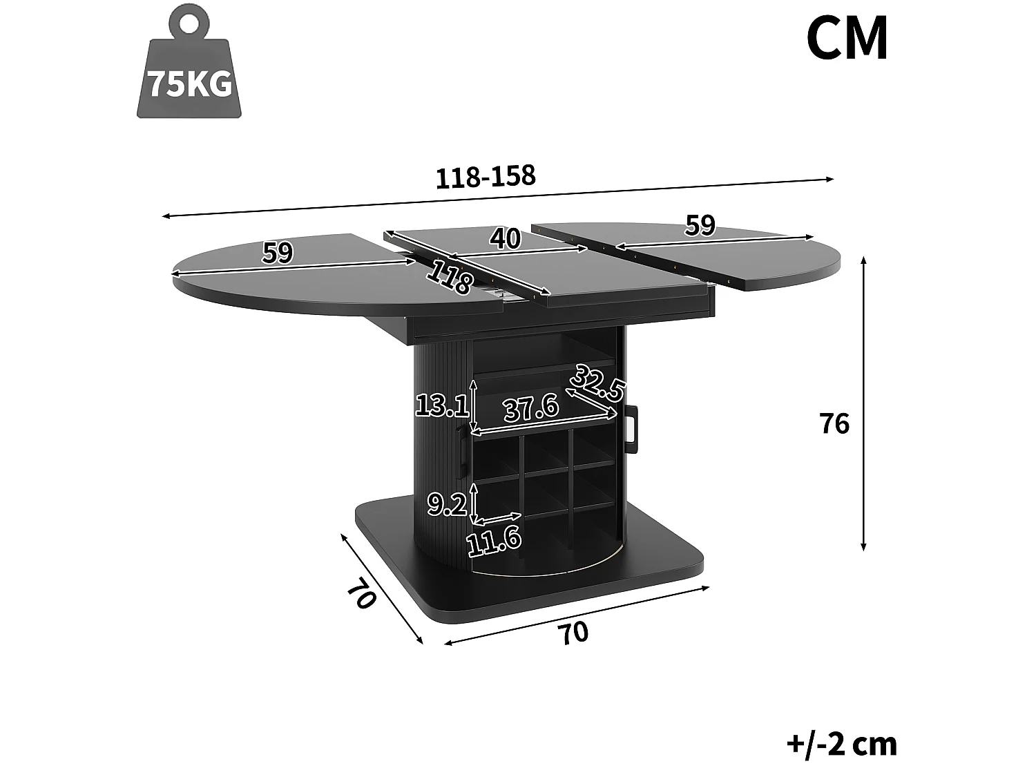 Table à manger extensible 118/158 x 118 cm avec 2 portes - Pour 6-8 places - Marron