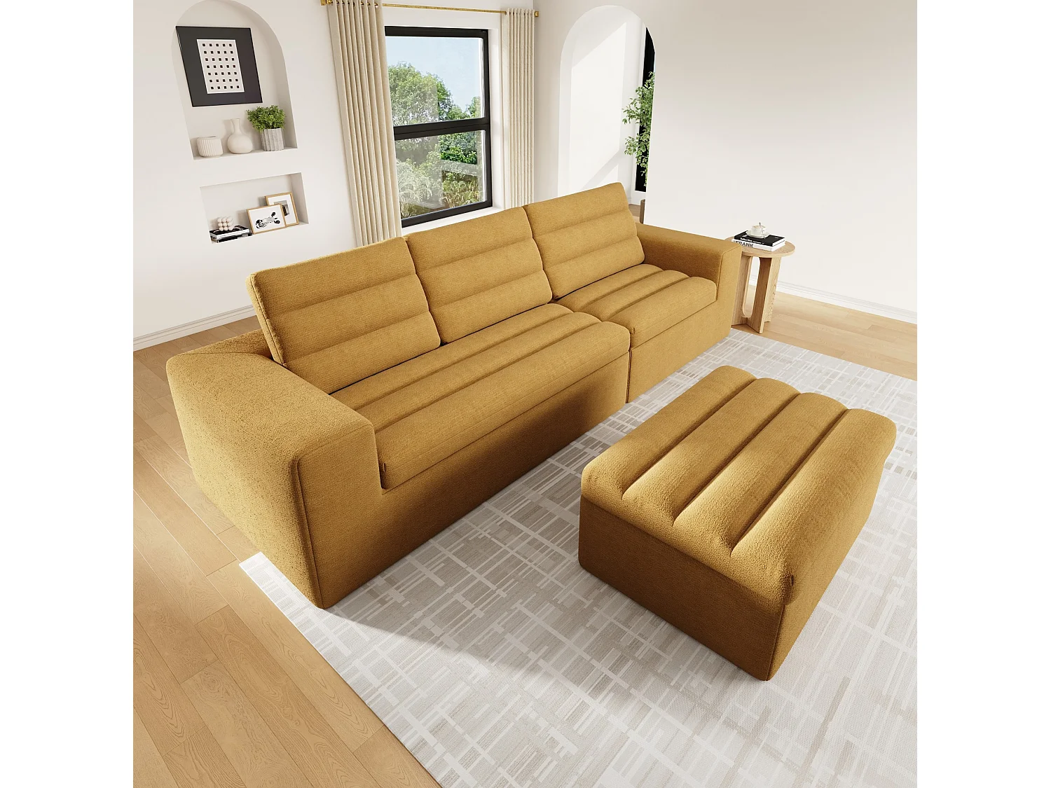Sofá de canto modular de 3 lugares com pufe, sem necessidade de montagem - Tecido chenille laranja