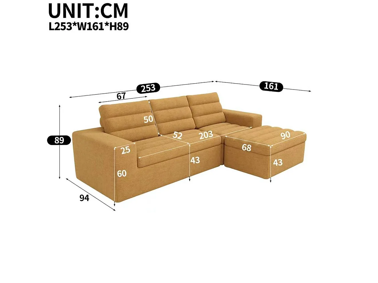 Sofá de canto modular de 3 lugares com pufe, sem necessidade de montagem - Tecido chenille laranja