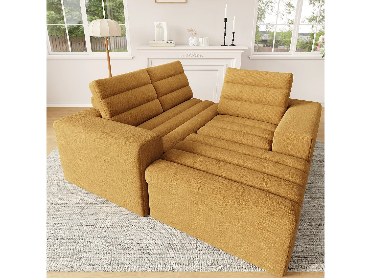 Sofá de canto modular de 3 lugares com pufe, sem necessidade de montagem - Tecido chenille laranja
