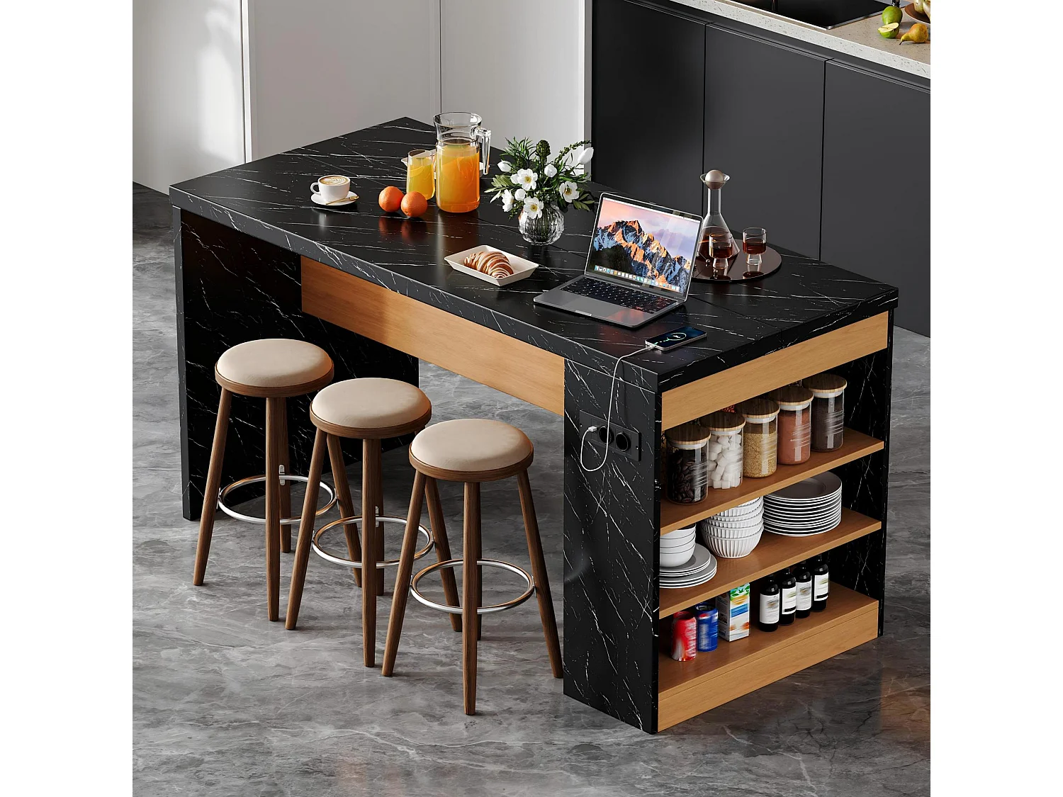 Îlot de cuisine avec LED, prises USB et étagères - Noir effet marbre 155x80x90 cm