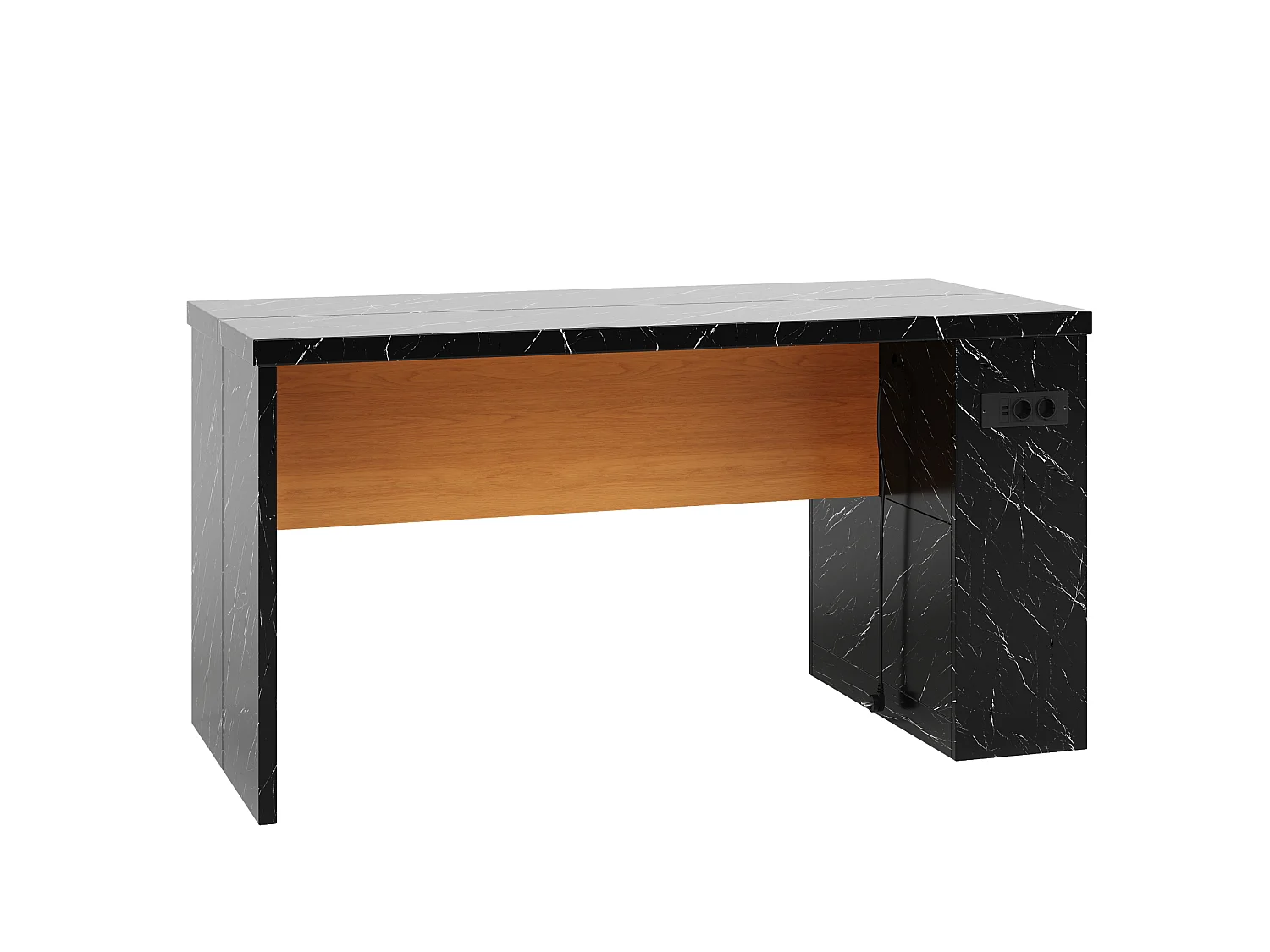 Îlot de cuisine avec LED, prises USB et étagères - Noir effet marbre 155x80x90 cm