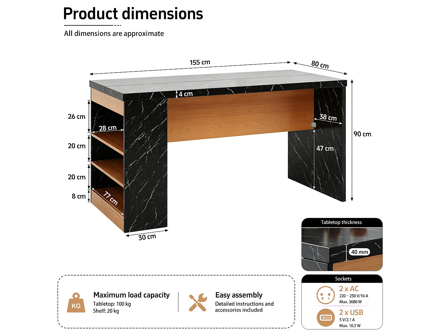 Îlot de cuisine avec LED, prises USB et étagères - Noir effet marbre 155x80x90 cm