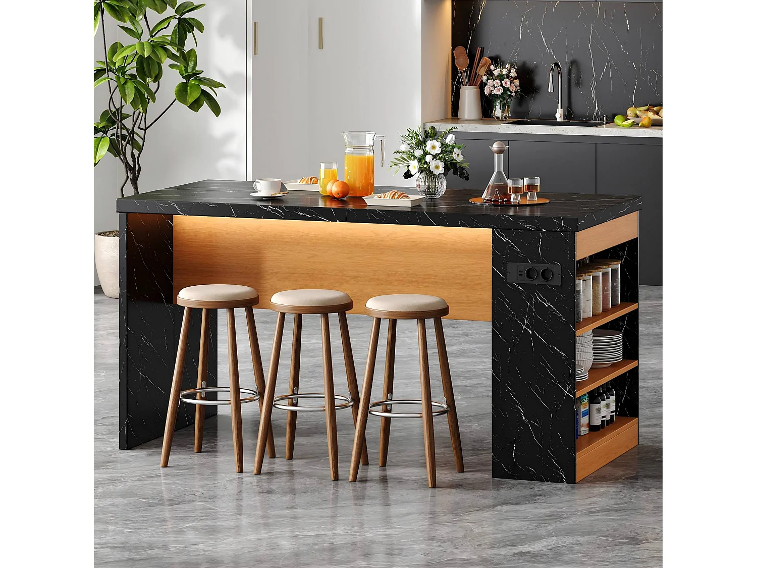 Îlot de cuisine avec LED, prises USB et étagères - Noir effet marbre 155x80x90 cm