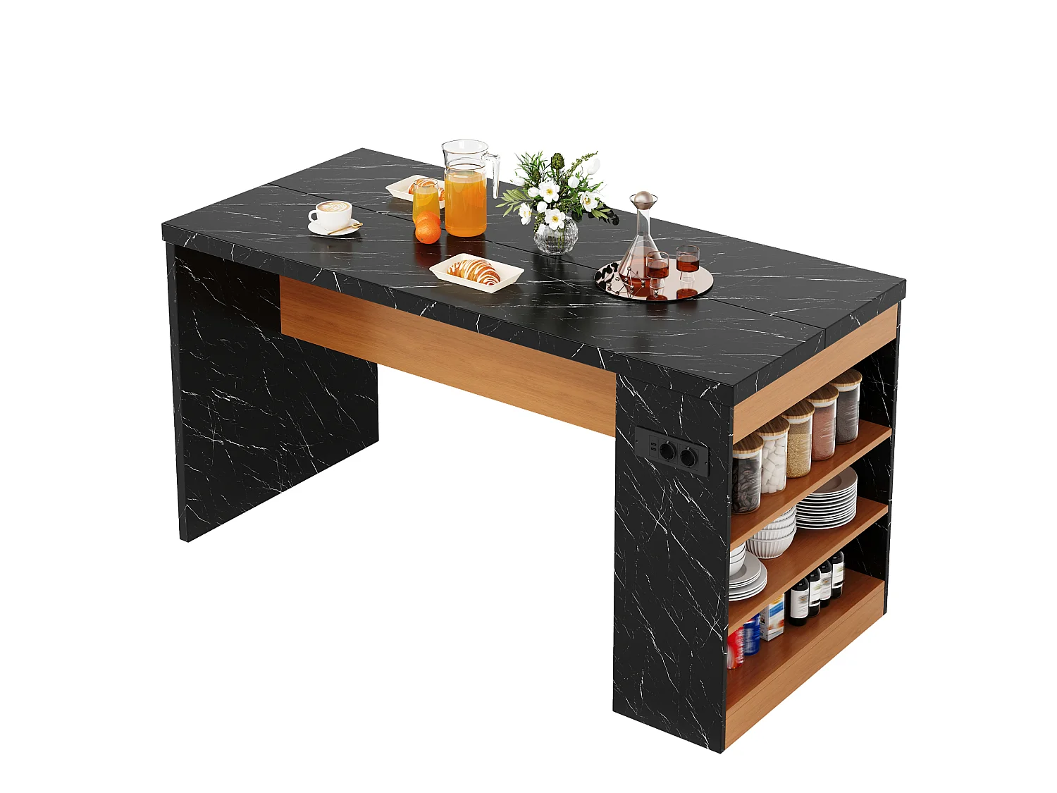 Îlot de cuisine avec LED, prises USB et étagères - Noir effet marbre 155x80x90 cm