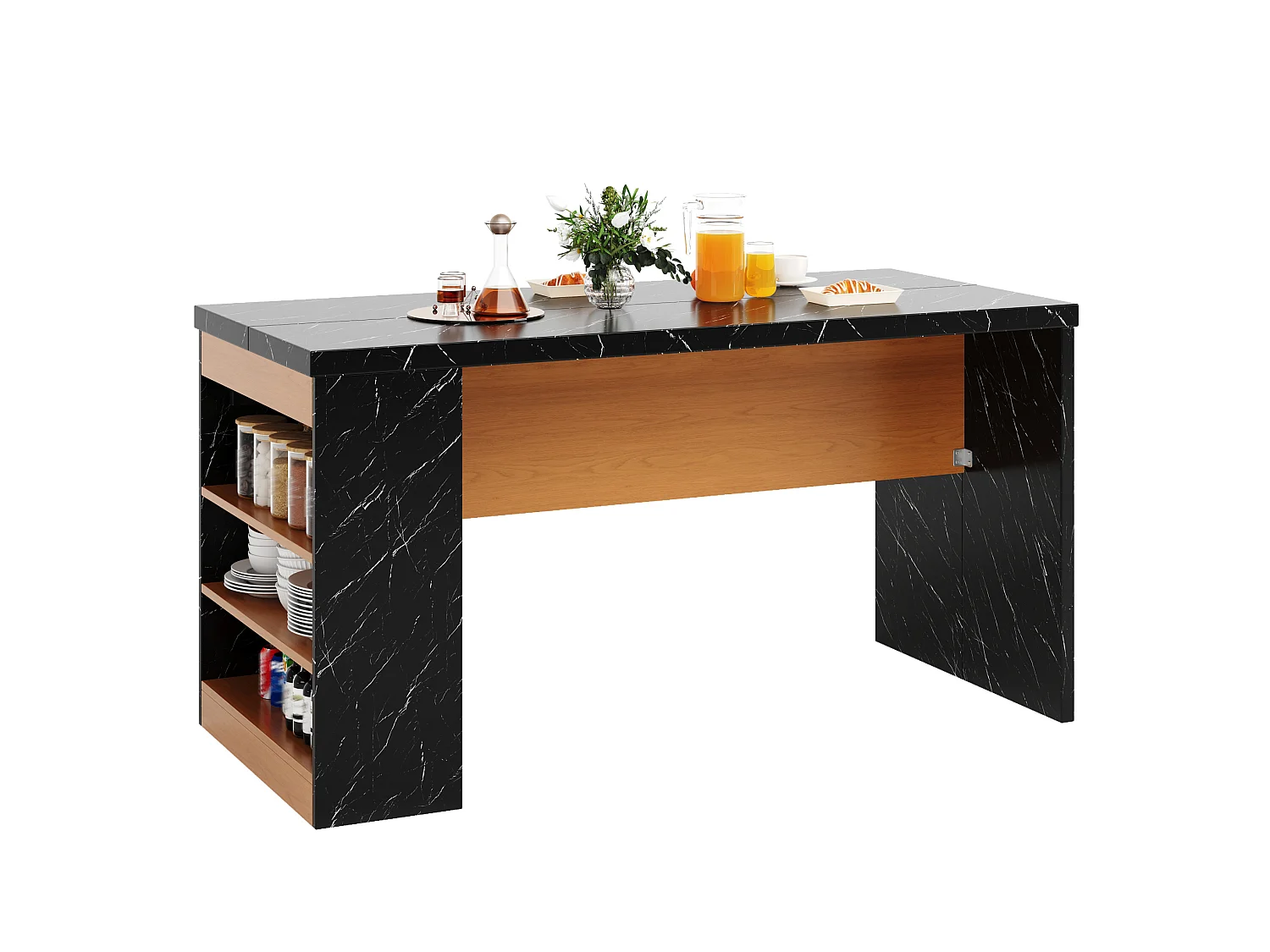Îlot de cuisine avec LED, prises USB et étagères - Noir effet marbre 155x80x90 cm