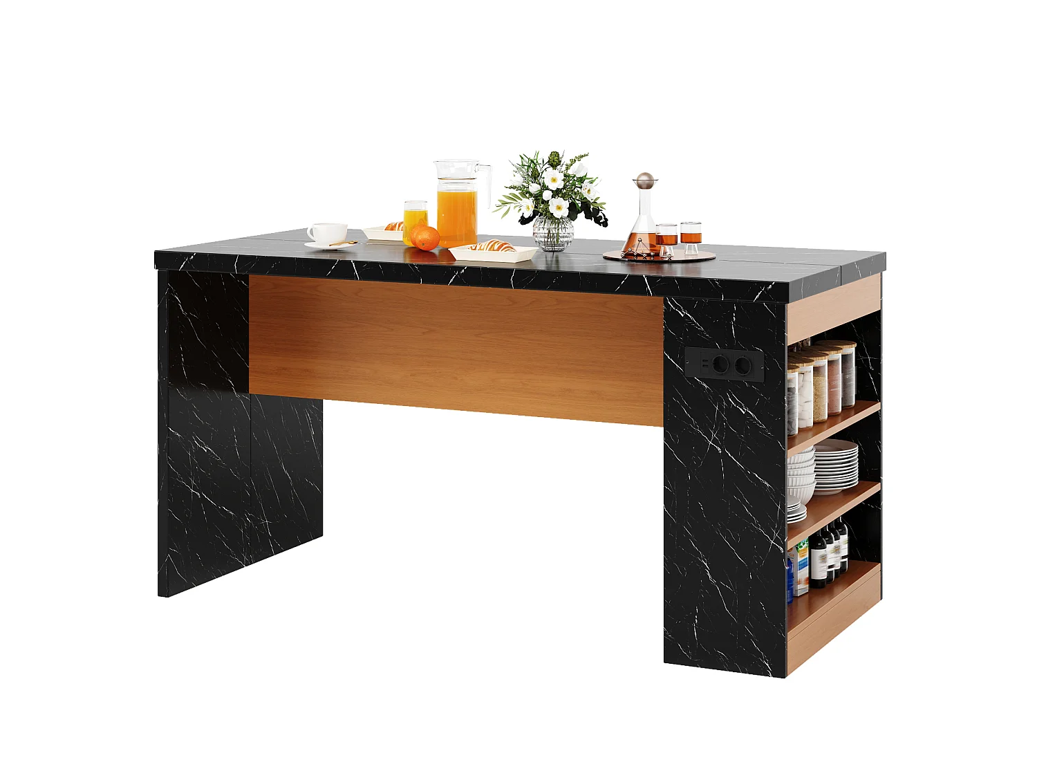 Îlot de cuisine avec LED, prises USB et étagères - Noir effet marbre 155x80x90 cm