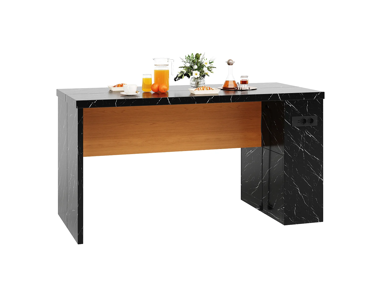 Îlot de cuisine avec LED, prises USB et étagères - Noir effet marbre 155x80x90 cm