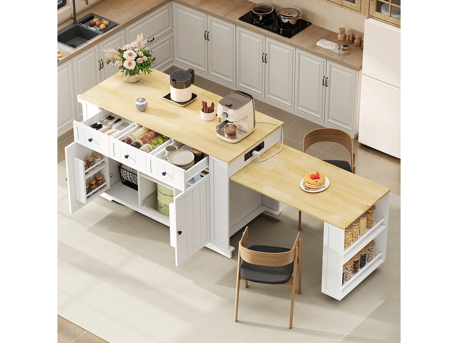 Îlot de cuisine mobile avec prises USB, 2 portes et 3 tiroirs - Blanc