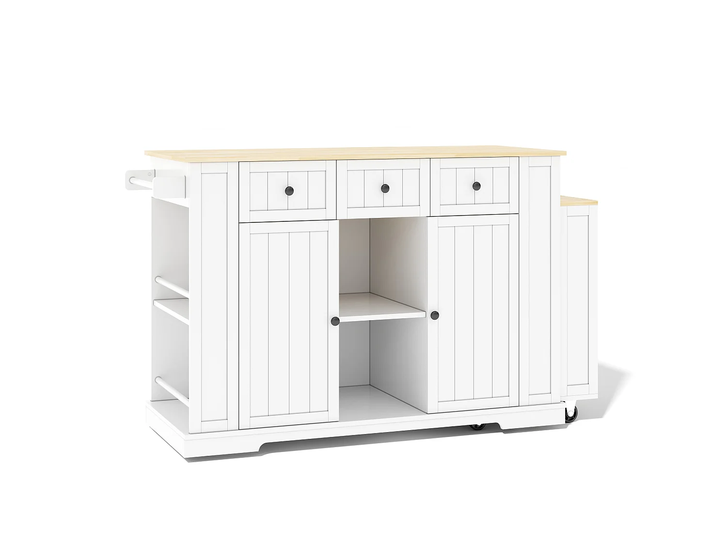 Îlot de cuisine mobile avec prises USB, 2 portes et 3 tiroirs - Blanc