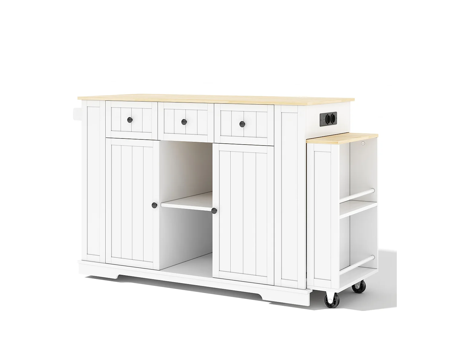 Îlot de cuisine mobile avec prises USB, 2 portes et 3 tiroirs - Blanc