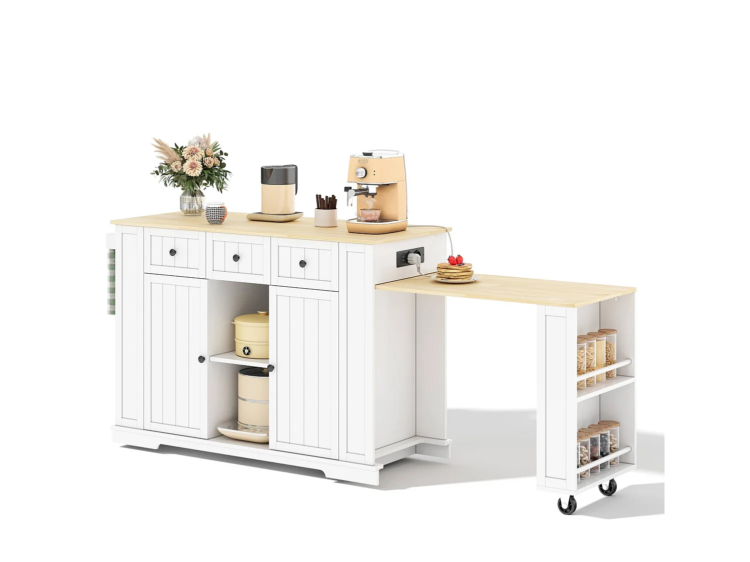 Îlot de cuisine mobile avec prises USB, 2 portes et 3 tiroirs - Blanc