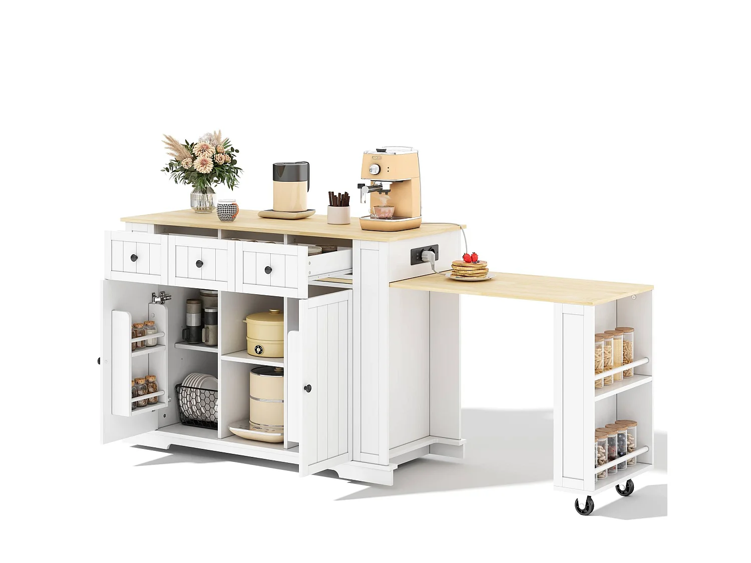 Îlot de cuisine mobile avec prises USB, 2 portes et 3 tiroirs - Blanc