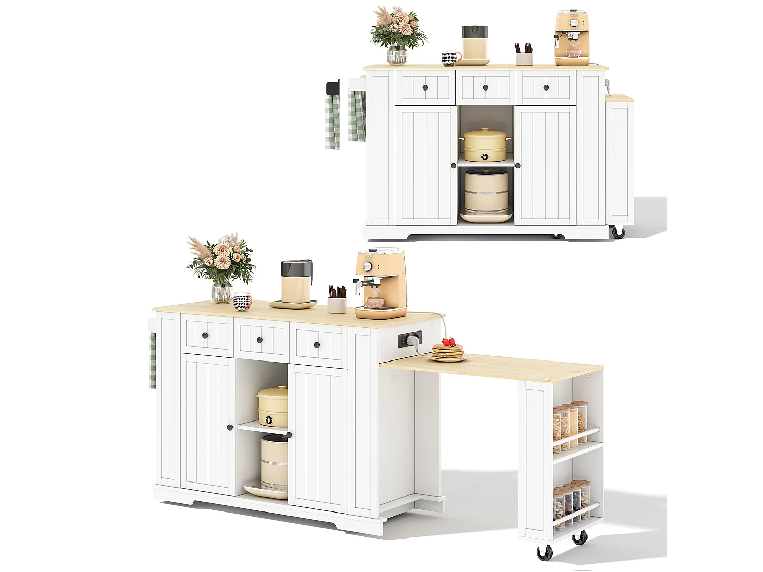 Îlot de cuisine mobile avec prises USB, 2 portes et 3 tiroirs - Blanc