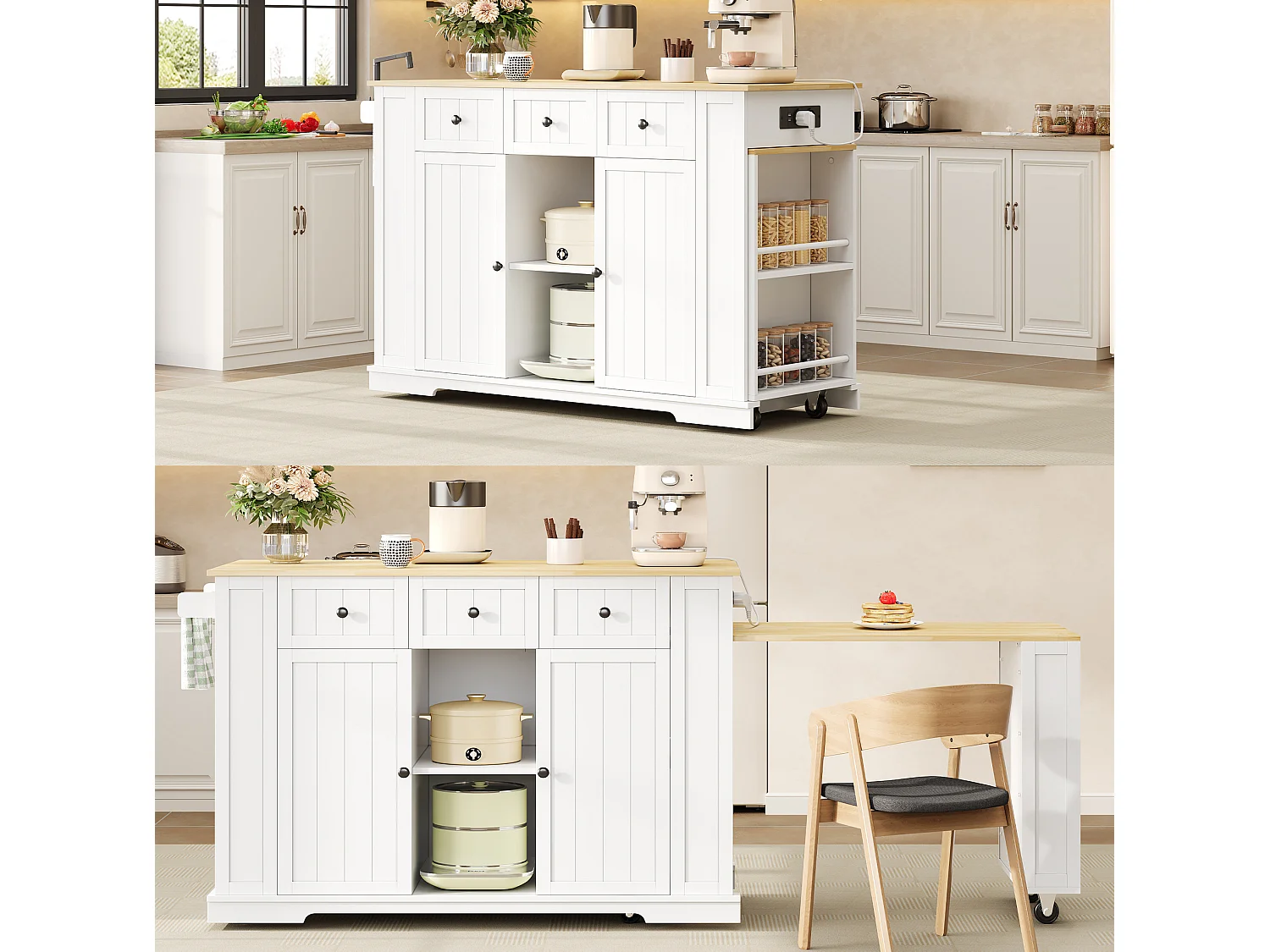 Îlot de cuisine mobile avec prises USB, 2 portes et 3 tiroirs - Blanc