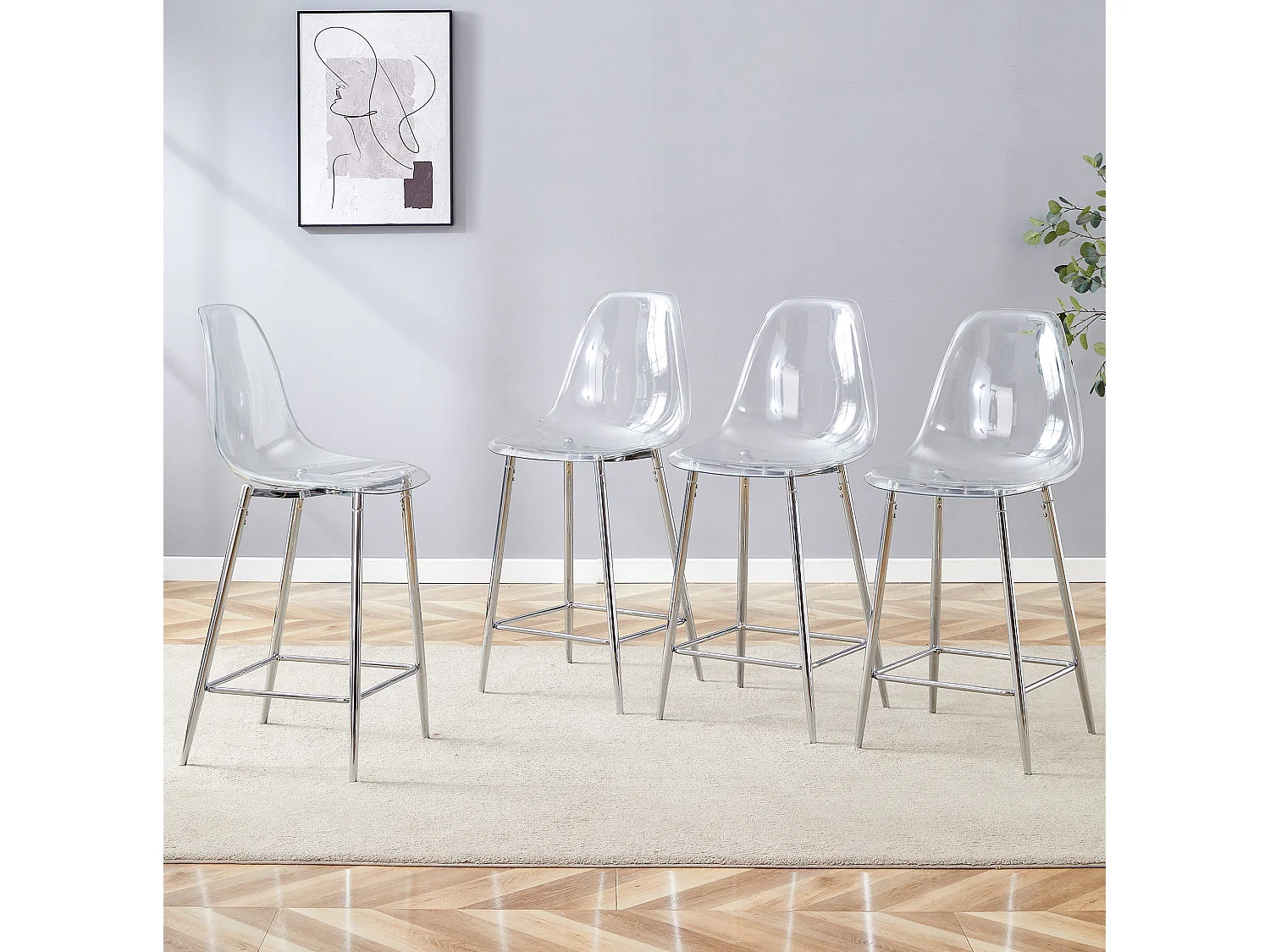 Lot de 4 tabourets de bar transparents avec structure métallique argenté