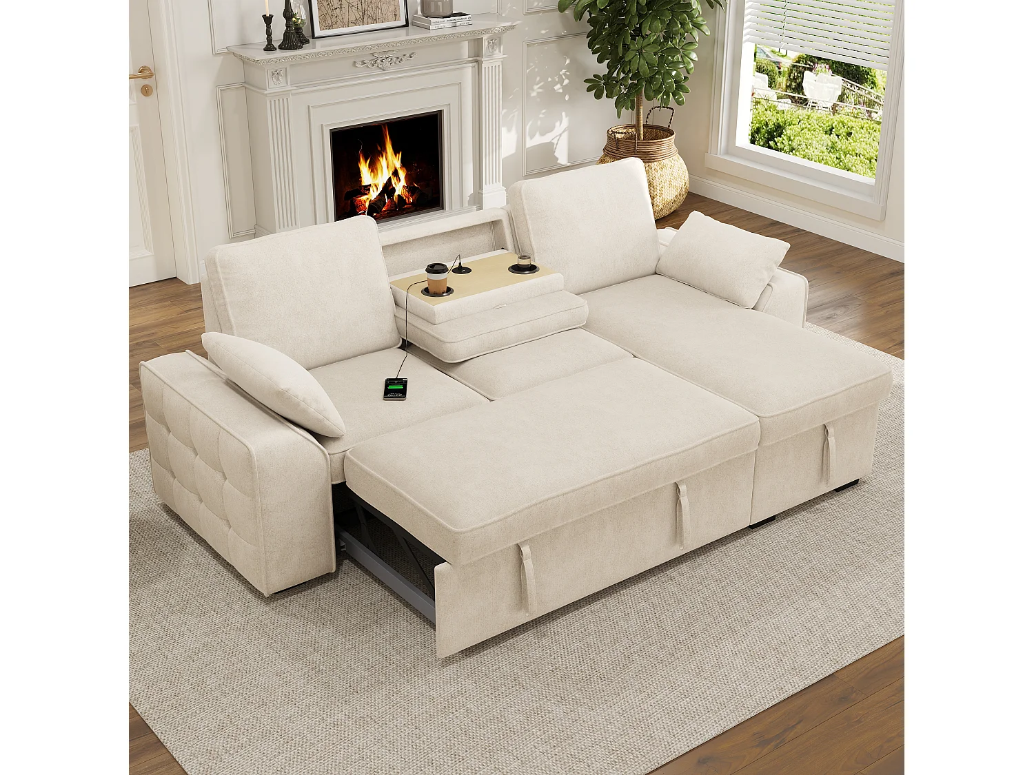 Hörnsoffa Bäddbar 3-plats 212x150cm - Bänksäng med Förvaringslåda, Fällbart Bord med Mugghållare & USB-port, Chenilletyg Beige