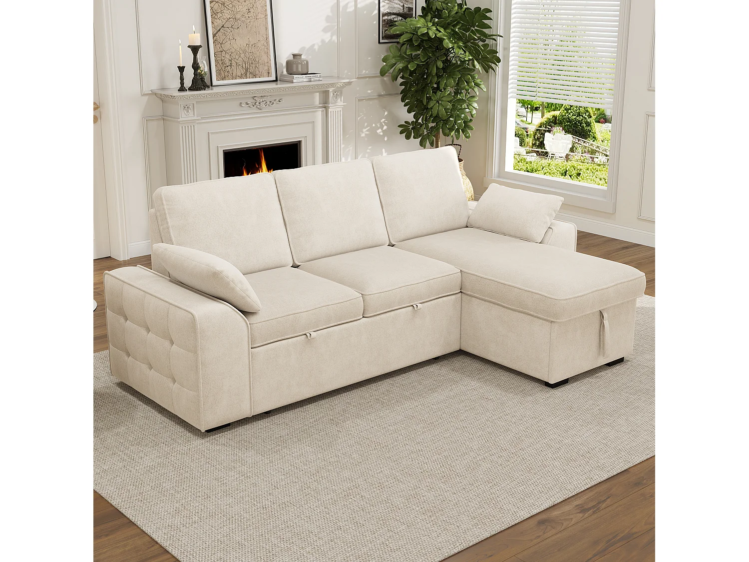 Hörnsoffa Bäddbar 3-plats 212x150cm - Bänksäng med Förvaringslåda, Fällbart Bord med Mugghållare & USB-port, Chenilletyg Beige