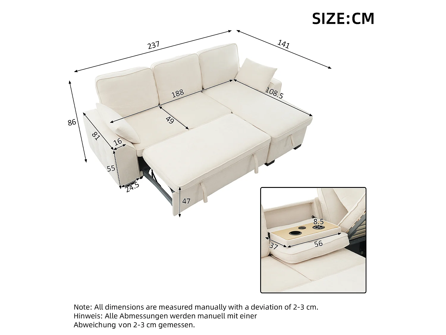 Hörnsoffa Bäddbar 3-plats 212x150cm - Bänksäng med Förvaringslåda, Fällbart Bord med Mugghållare & USB-port, Chenilletyg Beige