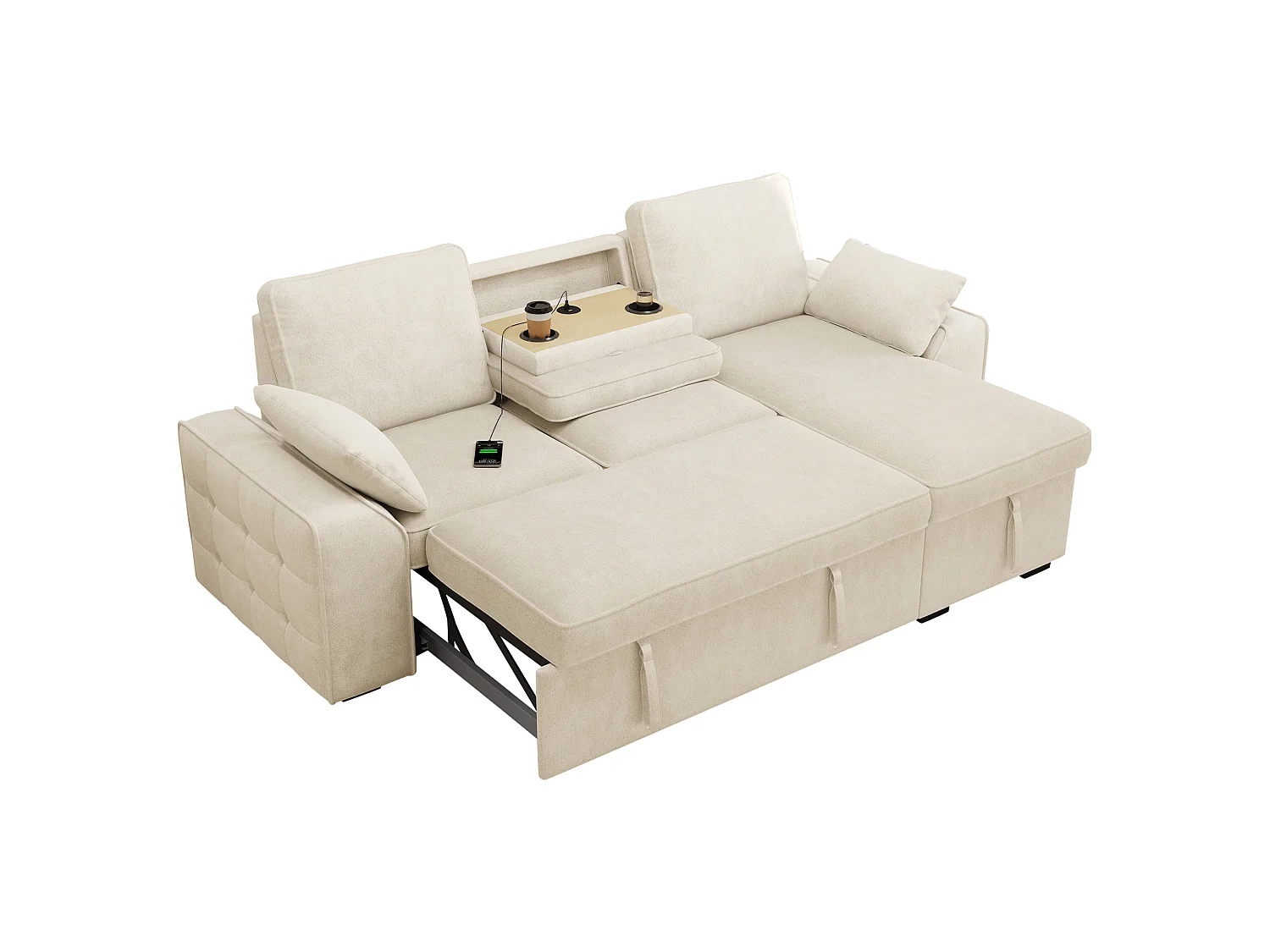 Hörnsoffa Bäddbar 3-plats 212x150cm - Bänksäng med Förvaringslåda, Fällbart Bord med Mugghållare & USB-port, Chenilletyg Beige