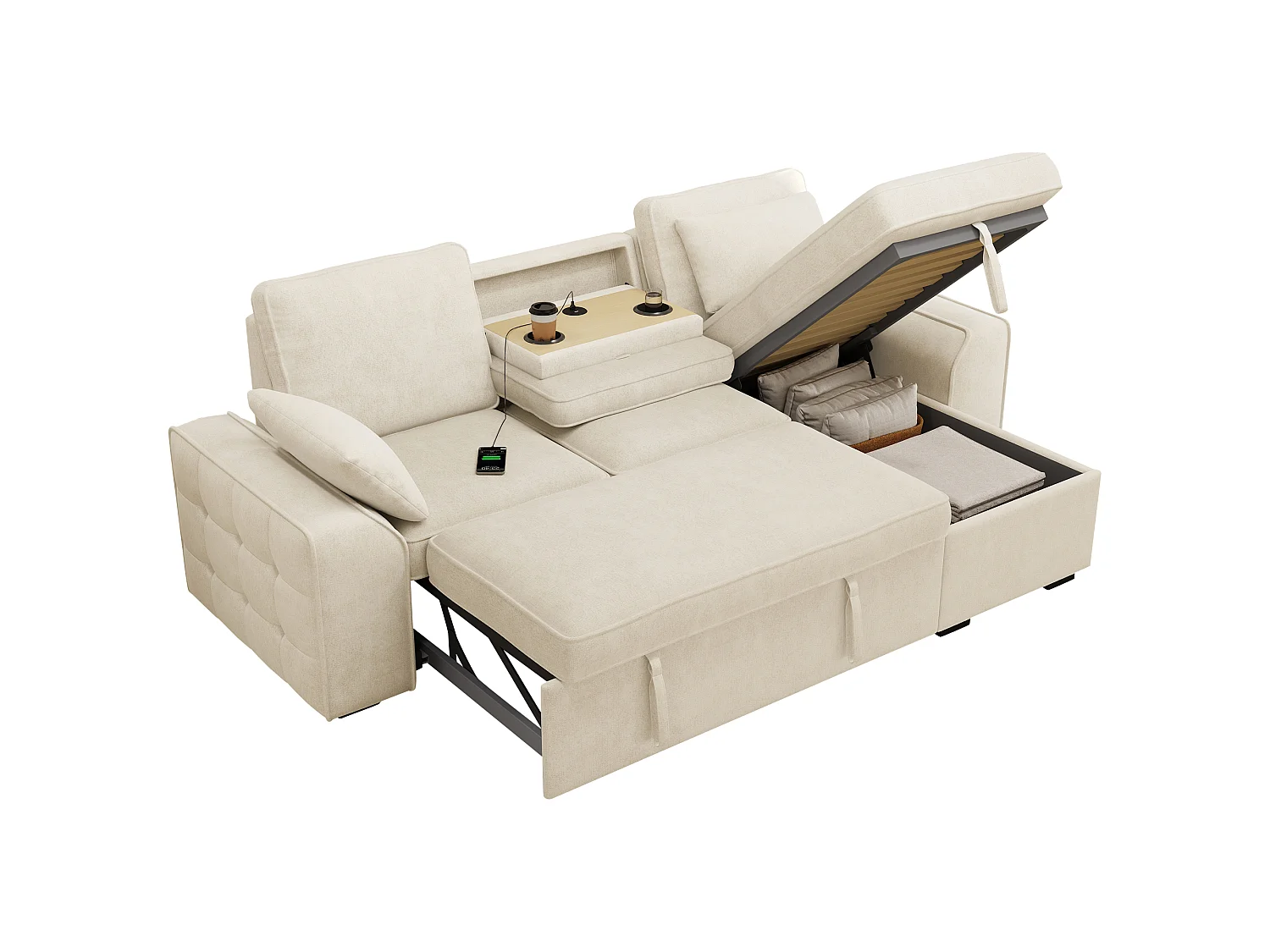 Hörnsoffa Bäddbar 3-plats 212x150cm - Bänksäng med Förvaringslåda, Fällbart Bord med Mugghållare & USB-port, Chenilletyg Beige