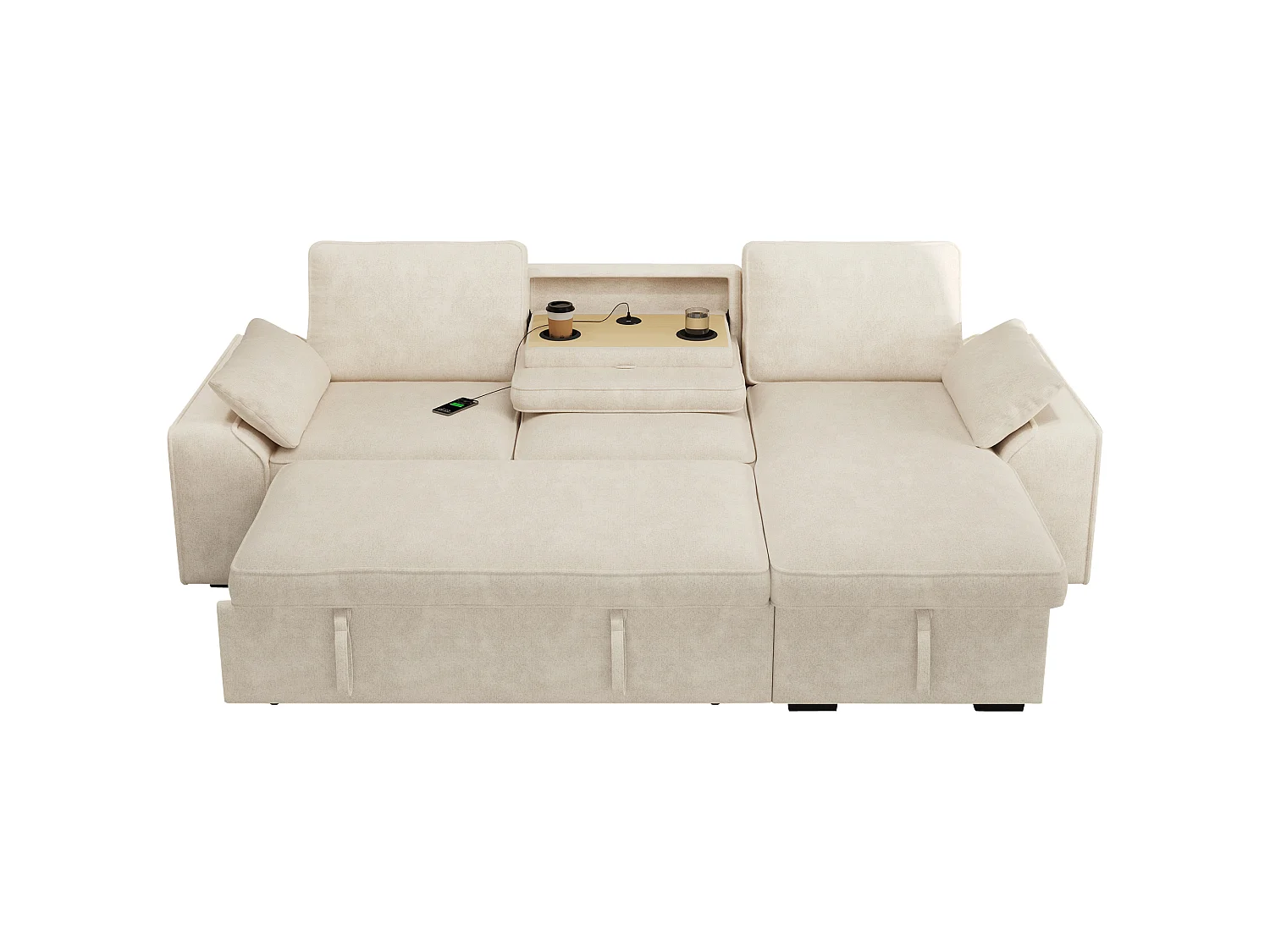 Hörnsoffa Bäddbar 3-plats 212x150cm - Bänksäng med Förvaringslåda, Fällbart Bord med Mugghållare & USB-port, Chenilletyg Beige