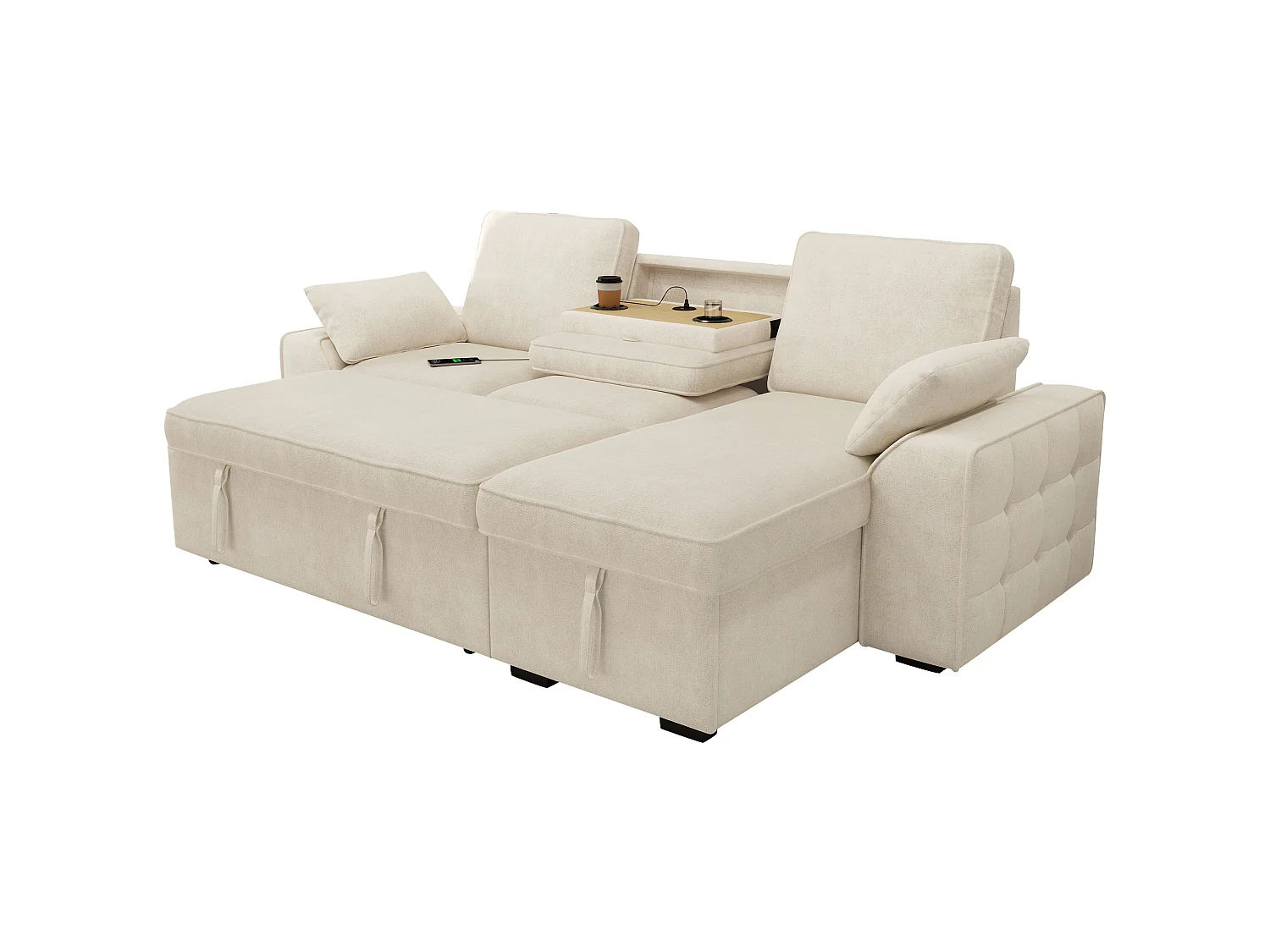 Hörnsoffa Bäddbar 3-plats 212x150cm - Bänksäng med Förvaringslåda, Fällbart Bord med Mugghållare & USB-port, Chenilletyg Beige