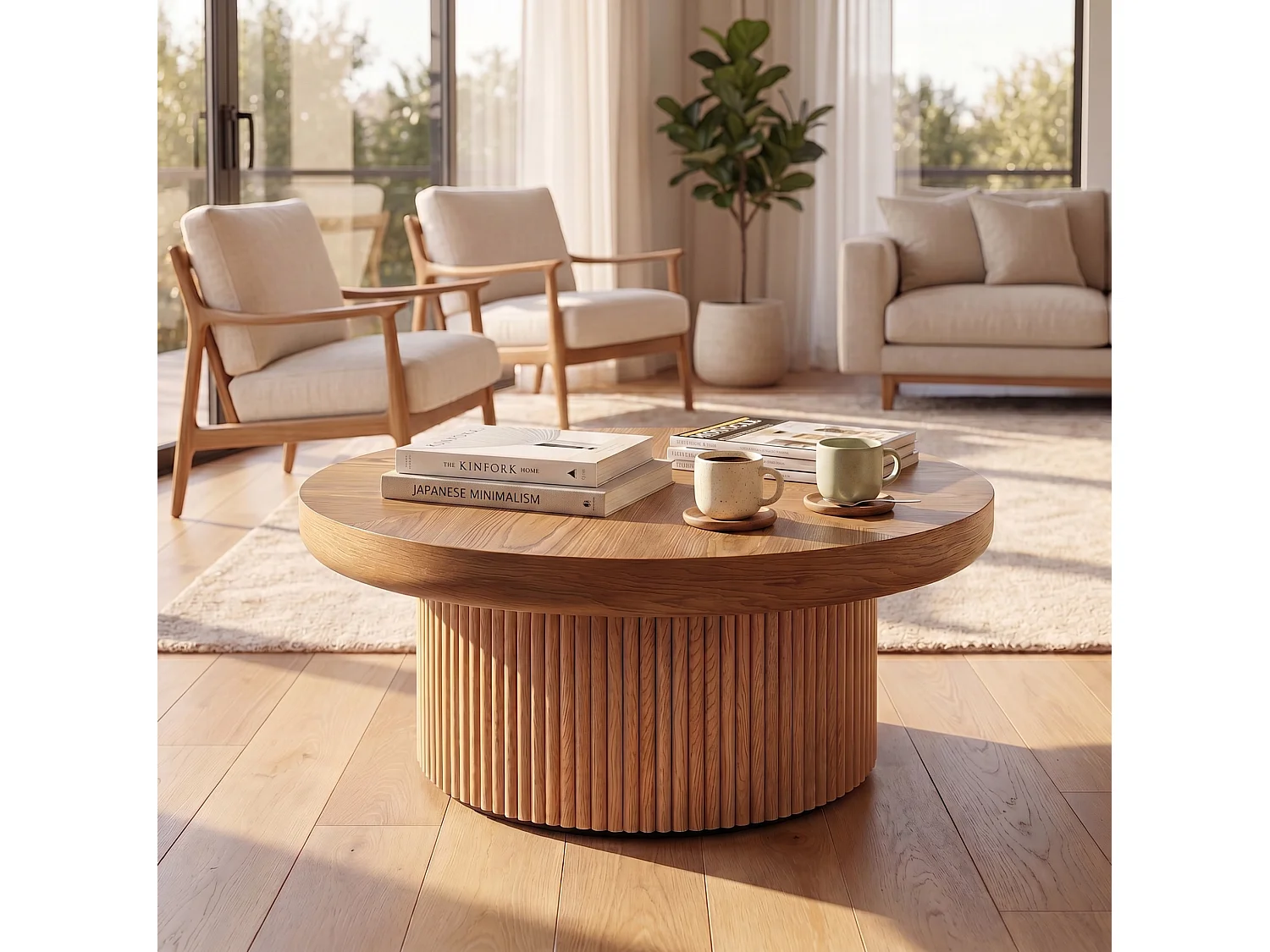 Ronde salontafel, 78 cm, met dik blad en gecanneleerde voet - Houtkleur