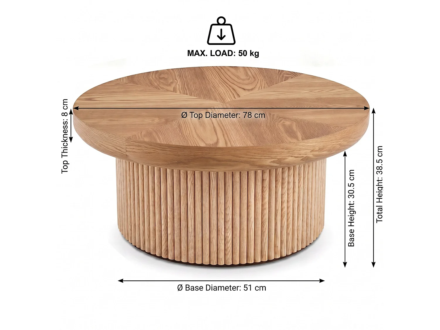 Ronde salontafel, 78 cm, met dik blad en gecanneleerde voet - Houtkleur