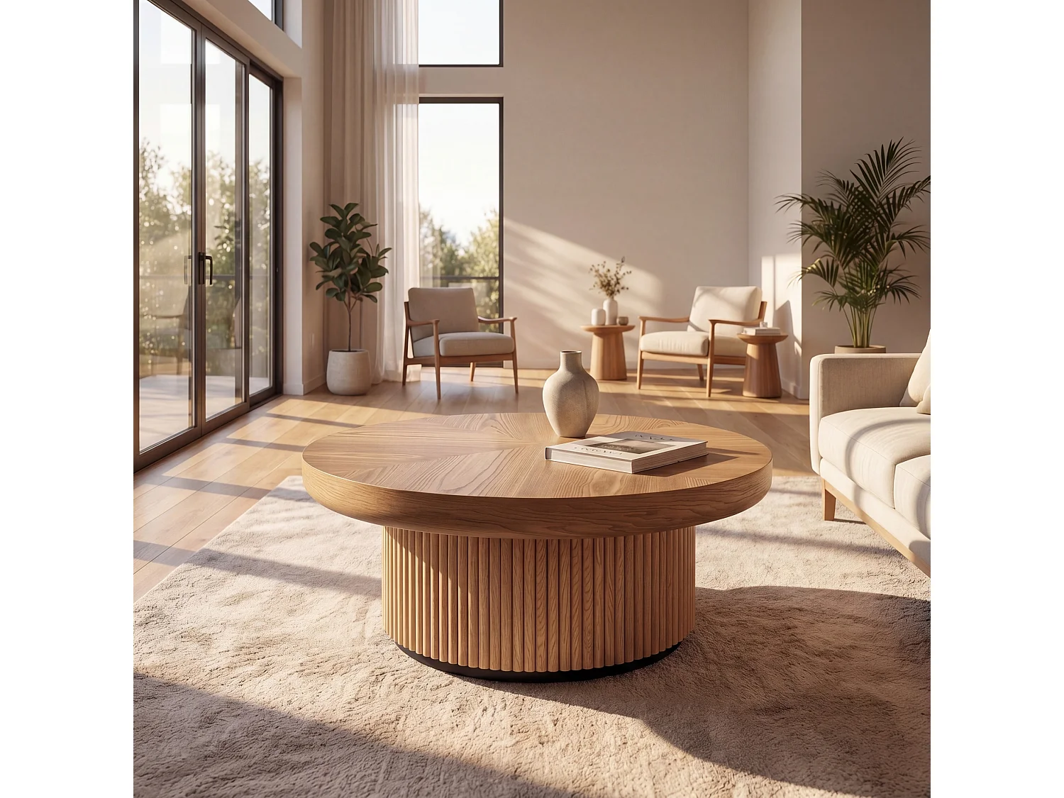 Ronde salontafel, 78 cm, met dik blad en gecanneleerde voet - Houtkleur