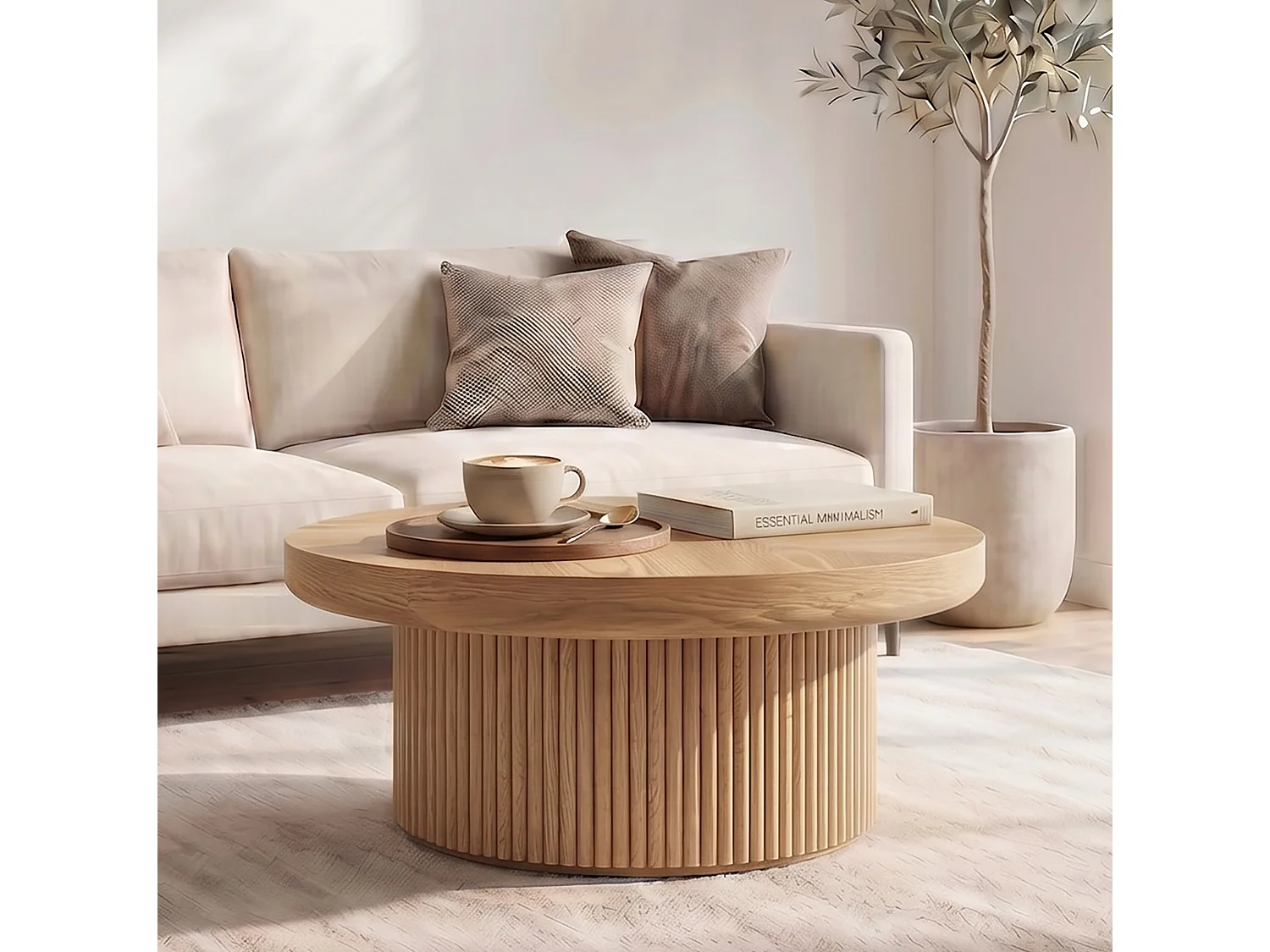 Ronde salontafel, 78 cm, met dik blad en gecanneleerde voet - Houtkleur