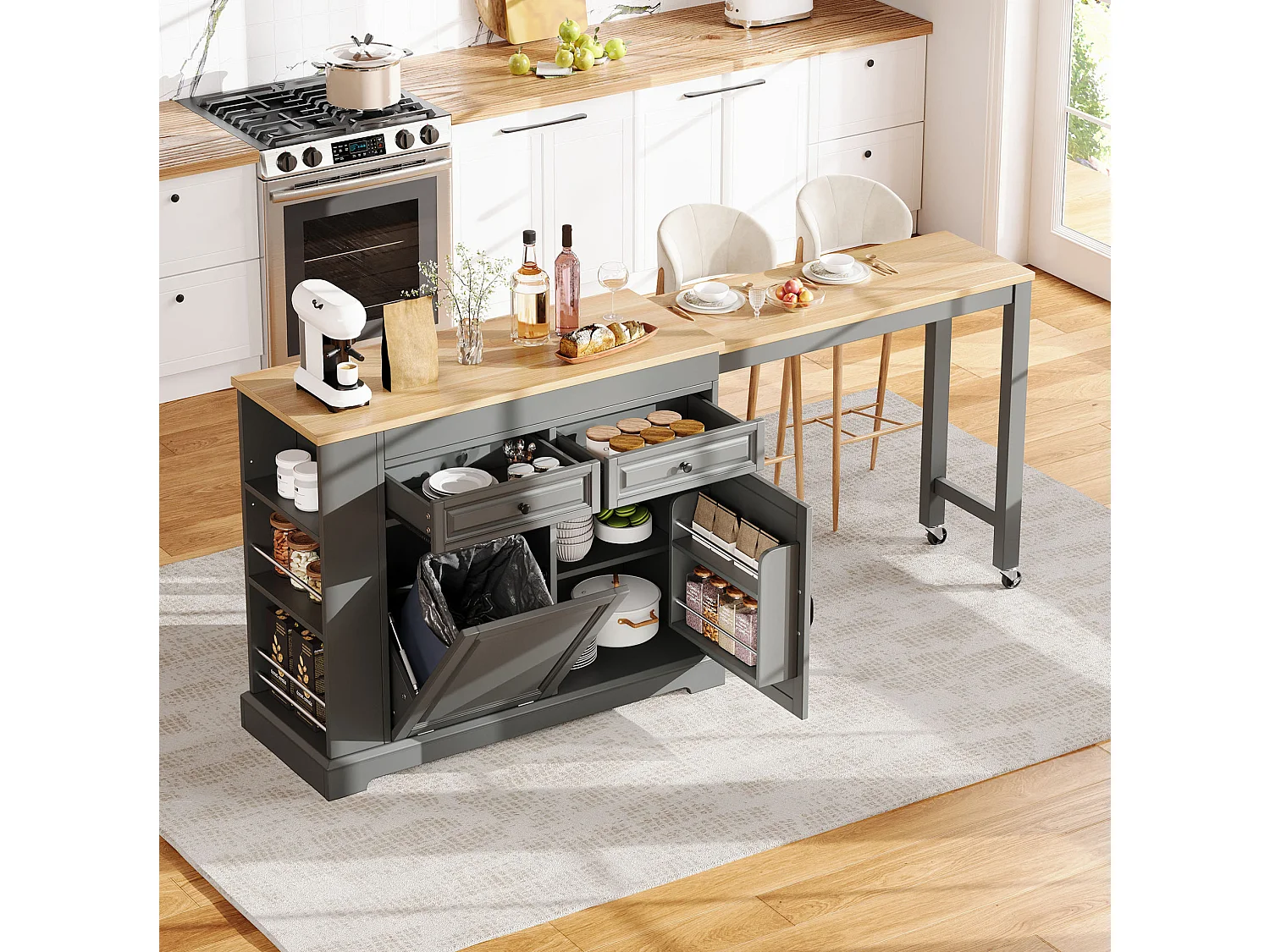 Uitschuifbaar keukeneiland 112-180 × 45 cm met afvalbak en 2 lades - Grijs